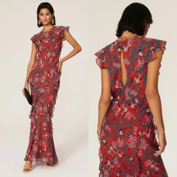 SALONI Tamara B Silk Gown 2 Red Floral Ruffle Maxi Flutter Sleeves Keyhole - Picture 1 of 13